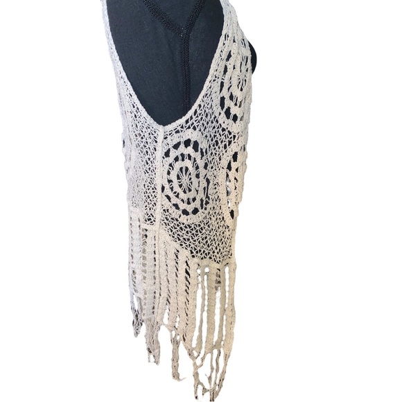 Its pink crochet fringe boho knitted long vest tan cream retro hippie medium - Picture 9 of 12